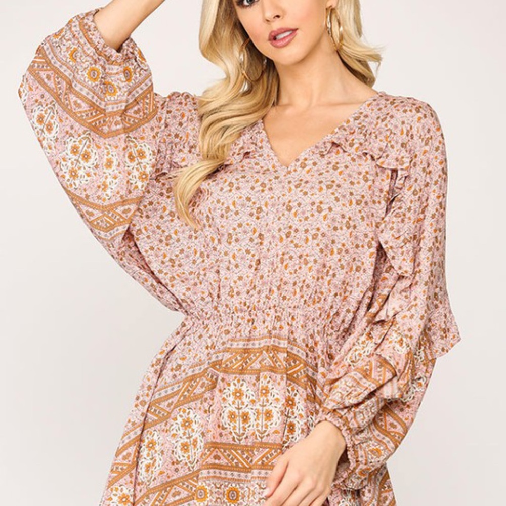 Boho Floral Printed Open Back Blouse - Picture 3 of 5